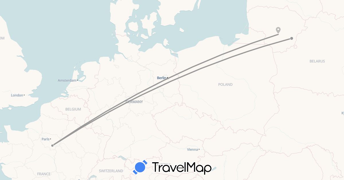 TravelMap itinerary: driving, plane in France, Lithuania (Europe)